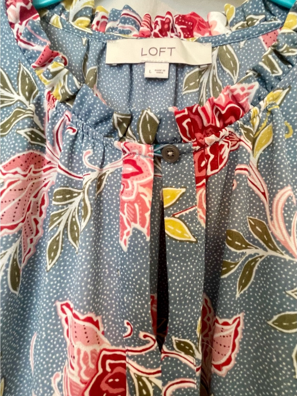 LOFT Blue Floral Ruffle-Neck Blouse - Picture 5 of 8